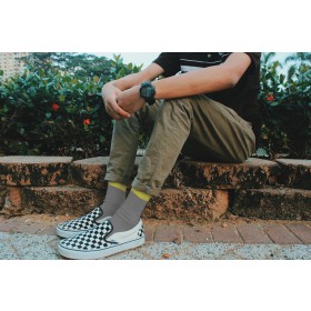 GREY ANKLE SOCKS WITH MUSTARD ANGLED CUFF 